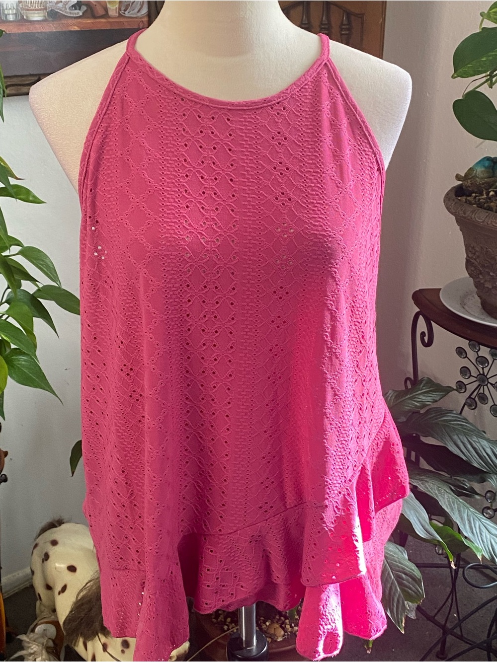 SHEIN Hot Pink Eyelet Halter Ruffle Camisole